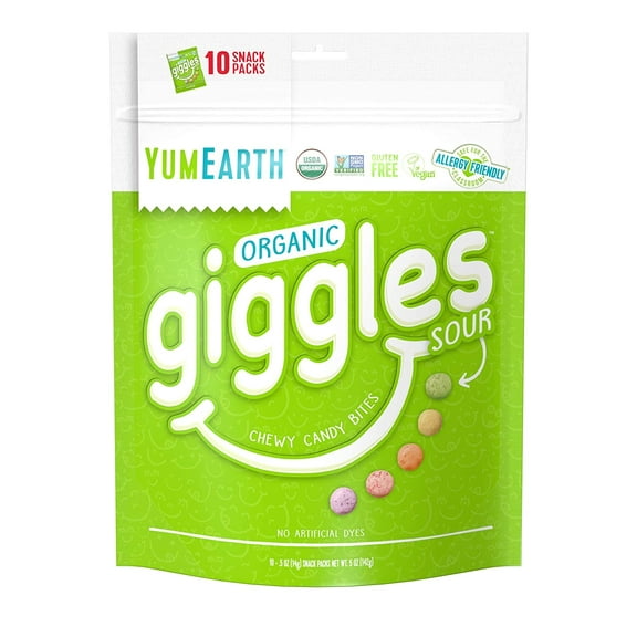 YumEarth Organic Giggles Chewy Candy, Sour Flavored, 10 Snack Packs per bag - Allergy Friendly, Non GMO, Gluten Free, Vegan