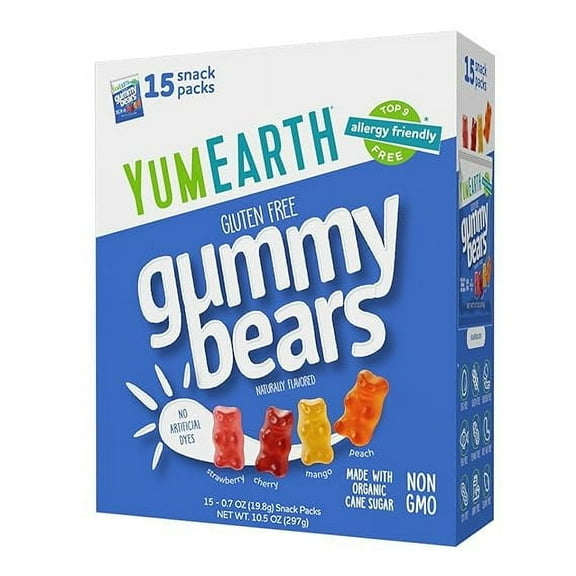 YumEarth Organic Gummy Bears BCF26 - Fruity Gummy Candy Snack Packs, Gluten Free Snacks for Kids - Allergy Friendly, Non-GMO, No Artificial Dyes - Assorted Flavors, 10.5 oz. (Pack of 15)