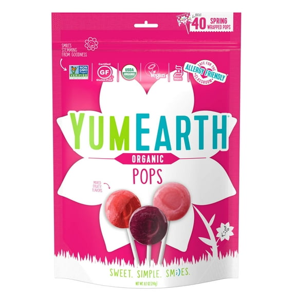 YumEarth Organic Spring Lollipops, Fruit Flavored Pops, 40 Count - Allergy Friendly, Non GMO, Gluten Free, Vegan