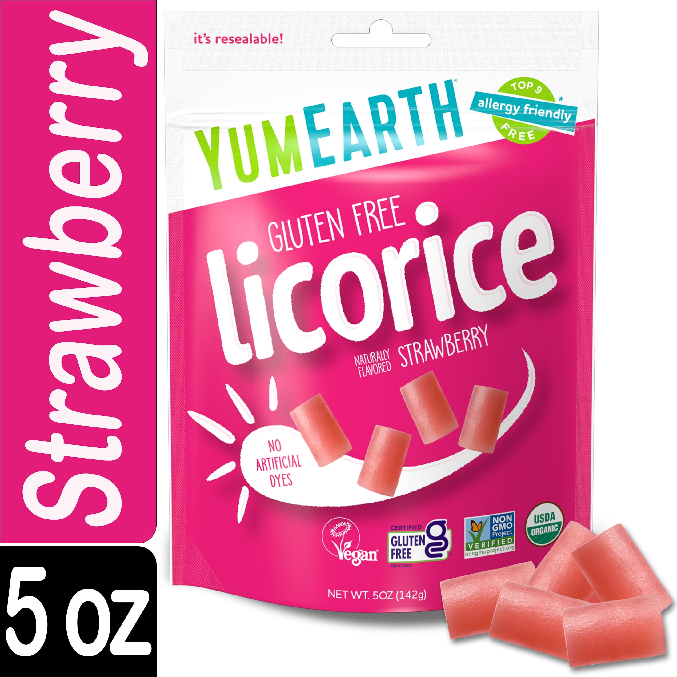 YumEarth Organic Strawberry Licorice, Gluten Free, Shelf-Stable, 5 oz Bag