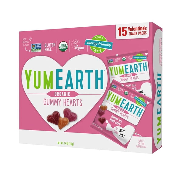 YumEarth Organic Valentine Sugarcoated Gummy Fruit Hearts - Fruity Candy, Gluten Free Snacks for Kids - Allergy Friendly, Non-GMO, No Artificial Dyes - Assorted Flavors, 7.5 oz (Pack of 15)