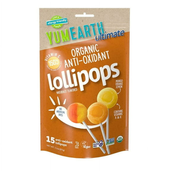 YumEarth Ultimate Organic Anti Oxidant Lollipops, 15 Count, Allergy Friendly, Gluten Free, Non-GMO, Vegan, No Artificial Flavors or Dyes
