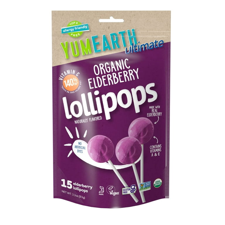 YumEarth Organic Elderberry Lollipops 15 Count Vegan Gluten Free