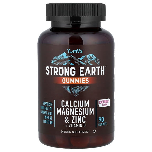 YumVs Strong Earth Gummies, Calcium, Magnesium & Zinc + Vitamin D, Raspberry, 90 Gummies