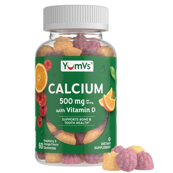 YumVs Calcium 500mg with Vitamin D3 - Raspberry & Orange Flavor Calcium Vitamin D Gummies, Chewable Calcium Supplement for Kids & Adults, Vitamin D Calcium Gummies, Kosher Halal Gluten Free 60 Count