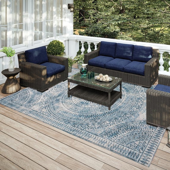 Yuma Blue Transitional Medallion 10 ft x 14 ft Area Rug Blue AYU37