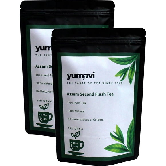 Yumavi Assam Second Flush CTC Tea With Long Leaves - Pack Of 2 X 250gm, 8.8 Ounce Each, 100+ Cups | Aromatic & Refreshing Kadak Chai - No Preservatives Or Colors, Medium Caffeine