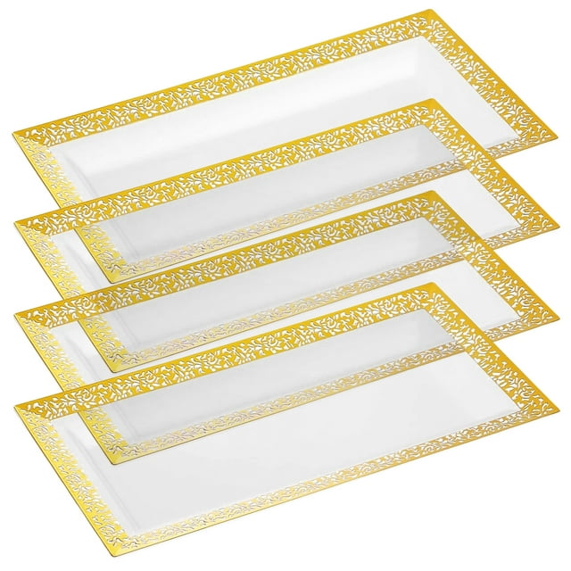 Yumchikel-Elegant Plastic Serving Tray & Platter Set (4pk) - Clear & Gold Rim Disposable Serving ...