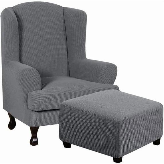 Yumcute 2 Piece Wing Chair Covers Bundles Square Ottoman Slipcovers, Gray Small 13-17in