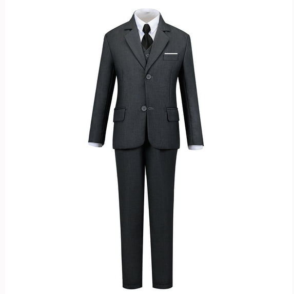 Yumcute 5-Piece Big Boys Formal Outfit Set, Gray Suit with Jacket, Vest, Pants, Shirt and Tie