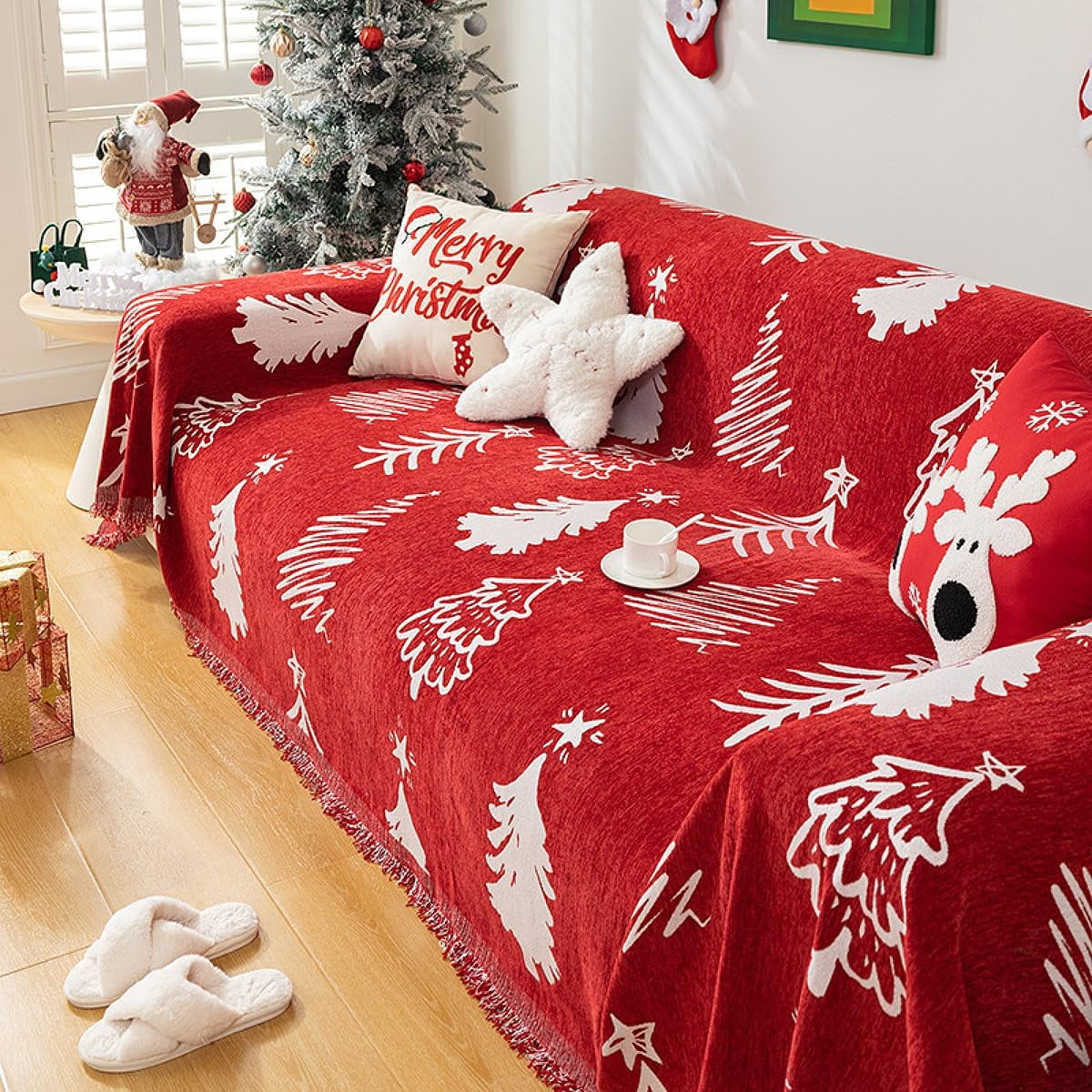 Yumcute  Christmas Red Sofa Cover 1 2 3 Seater Large Couch Covers for Sofa Towel Blankets Red Love Seat Double Bed Slipcovers Non-Slip Reversible
