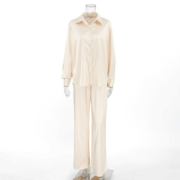 Yumcute Elegant Satin Two-Piece Long Sleeve and Long Pants Pajamas - Soft, Autumn Wear for Ladies, Ideal for Home and Outing