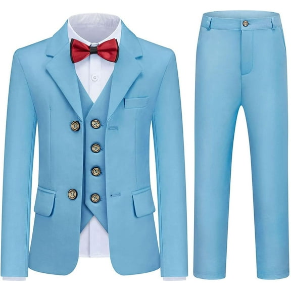 Yumcute Kids Boys Men's Suits 3 Piece Formal Tuxedo Suits for Boys Slim Fit Casual Ring Bearer Outfit with Blazer Jacket Pants and Vest， Blue, 2Y
