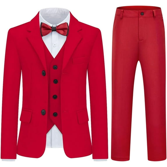 Yumcute Kids Boys Men's Suits 3 Piece Formal Tuxedo Suits for Boys Slim Fit Casual Ring Bearer Outfit with Blazer Jacket Pants and Vest, Red,12Y