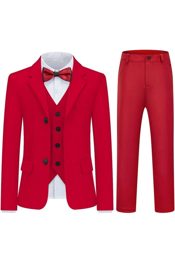 Kids Boys Men's Suits 3 Piece Formal Tuxedo Suits for Boys Slim Fit Casual Ring Bearer Outfit with Blazer Jacket Pants and Vest,Red, 2Y