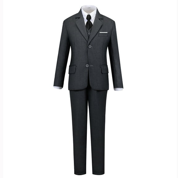 Yumcute Little Boys 5-Piece Formal Gray Suit Set - Jacket, Vest, Pants, Shirt, Tie