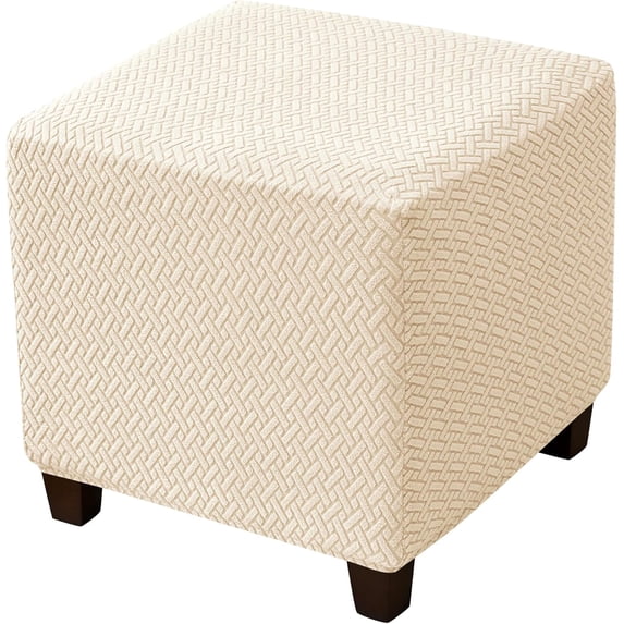 Yumcute Ottoman Cover Stretch Knitted Jacquard Square Ottoman Cover Thick Ottoman Slipcover Square Storage Ottoman Cover with Elastic Bottom Beige S