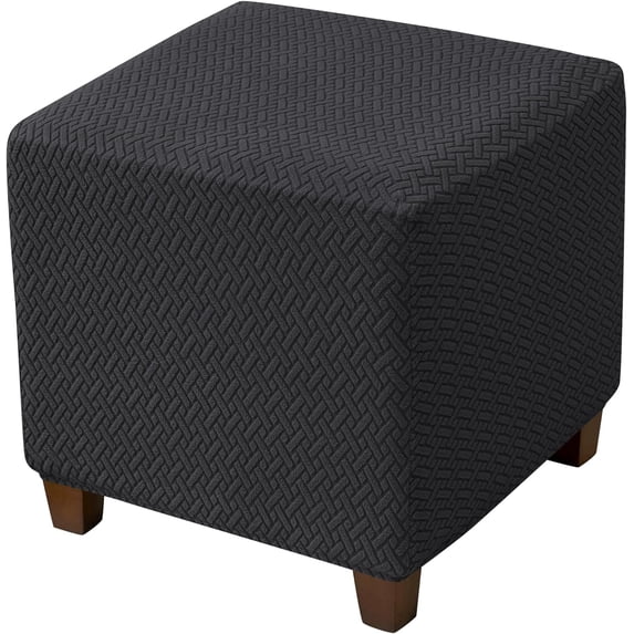 Yumcute Ottoman Cover Stretch Knitted Jacquard Square Ottoman Cover Thick Ottoman Slipcover Square Storage Ottoman Cover with Elastic Bottom Black M