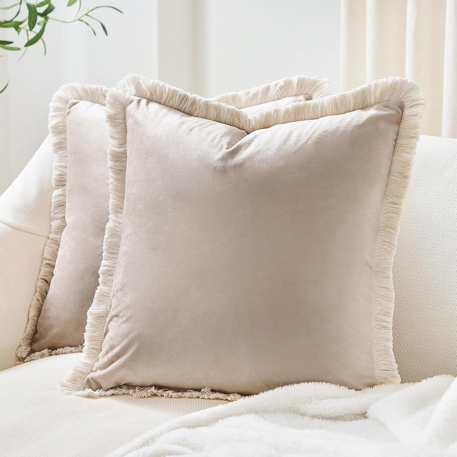 Yumcute Pillow Covers 16x16 Set of 2 Beige Throw Pillow Covers with Fringe Chic Cotton Decorative Pillows Square Cushion Covers for Sofa Couch Bed Boho Decor