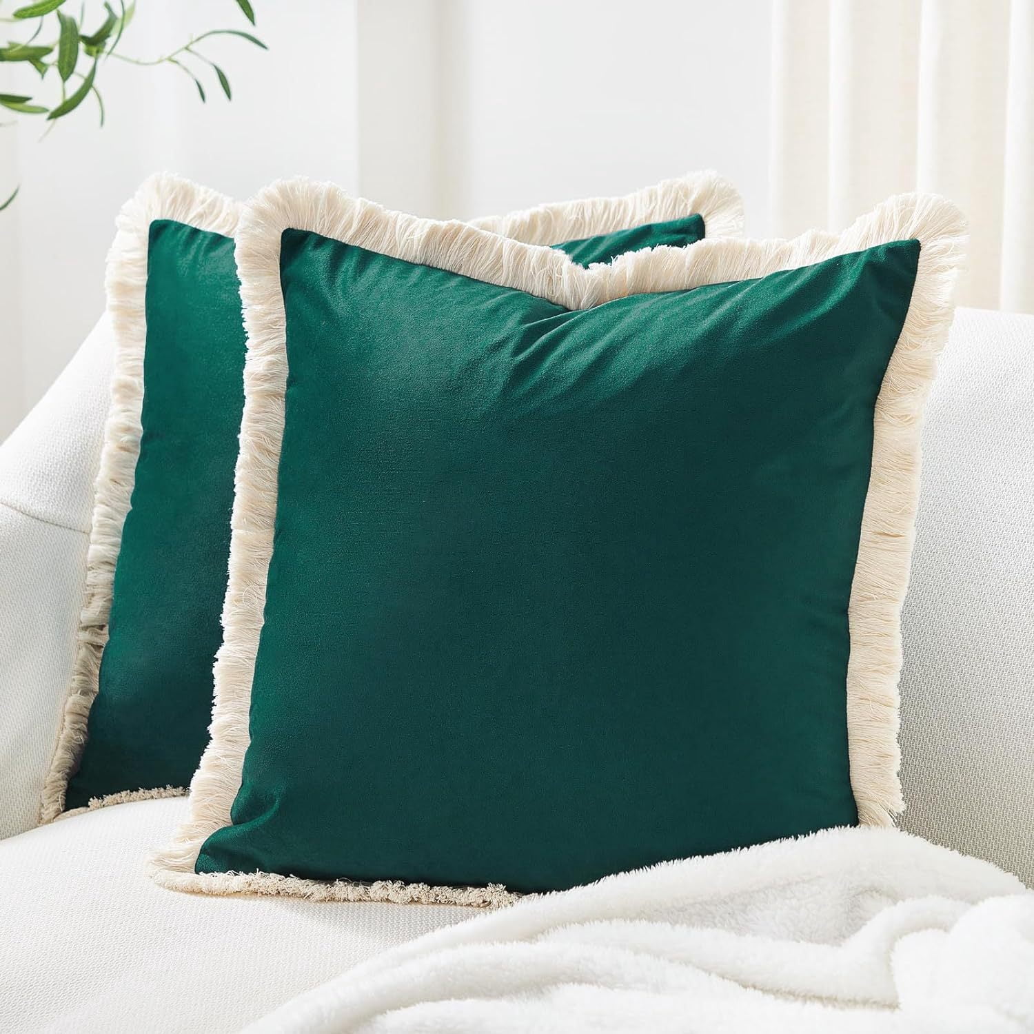 Yumcute Pillow Covers 16x16 Set of 2 Beige Throw Pillow Covers with Fringe Chic Cotton Decorative Pillows Square Cushion Covers for Sofa Couch Bed Boho Decor