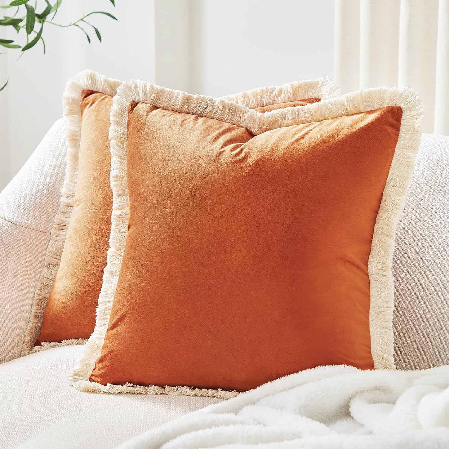 Yumcute Pillow Covers 20x20 Set of 2 Beige Throw Pillow Covers with Fringe Chic Cotton Decorative Pillows Square Cushion Covers for Sofa Couch Bed Boho Decor
