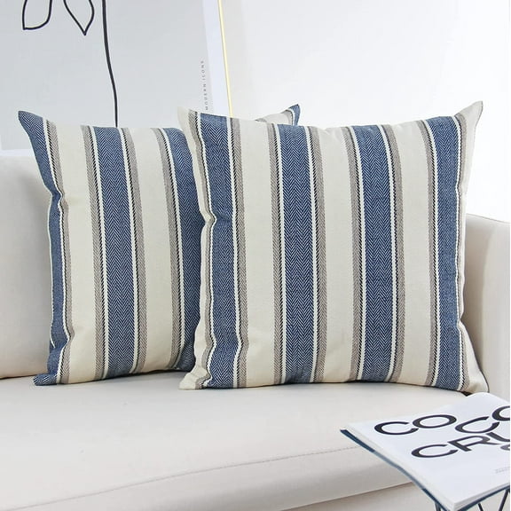 Yumcute Stripe Throw Pillow Covers Farmhouse Pillowcases Pack of 2 16 x 16 Inch Blue