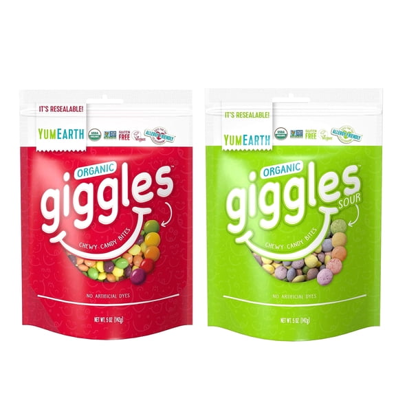 Yumearth Giggles and Sour Giggles - Organic- Allergy Free - 5 ounce Bags Resealable