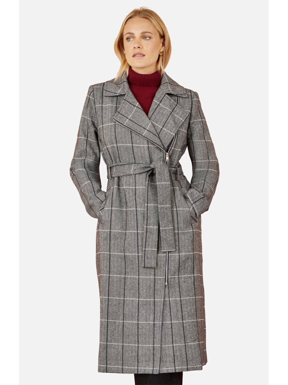 Check Oversize Long Biker Coat - Grey, 4