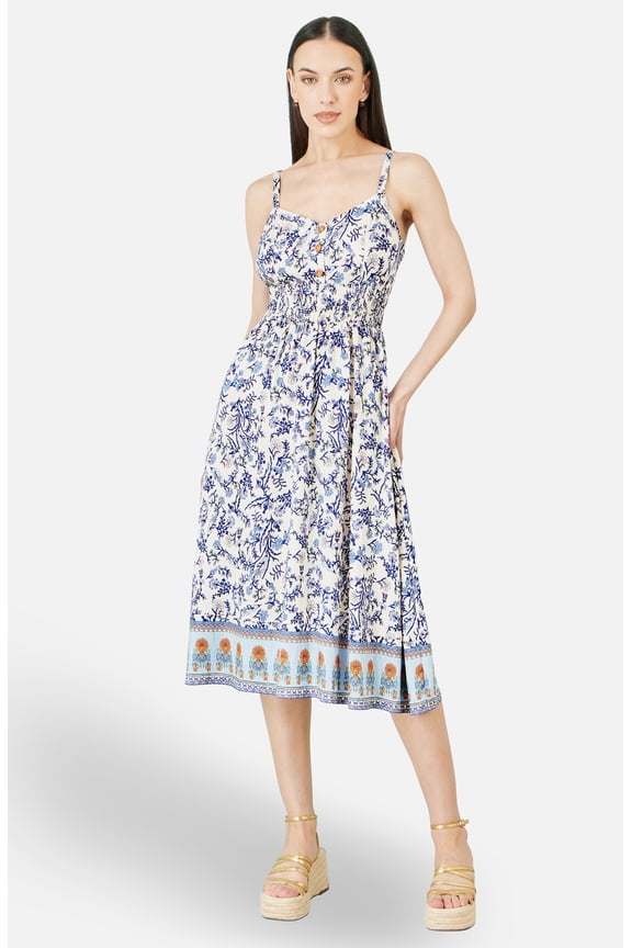 Floral Border Print Midi Sun Dress - White, 10