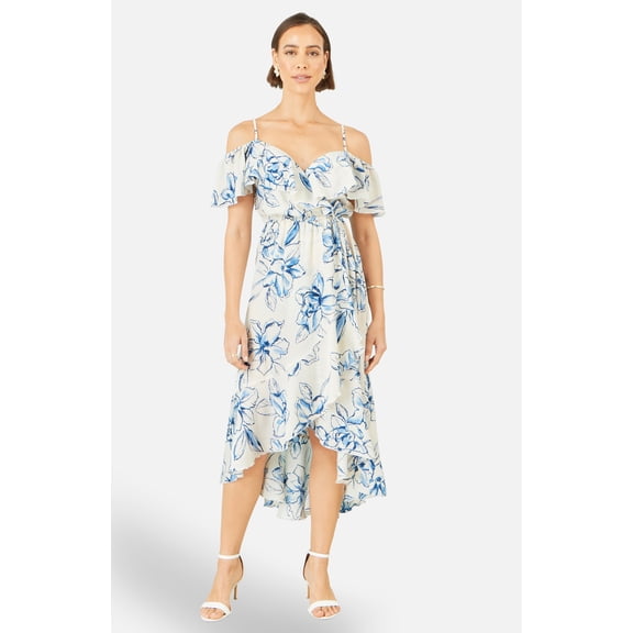 Yumi Floral Print Bardot Midi Dress - White, 12