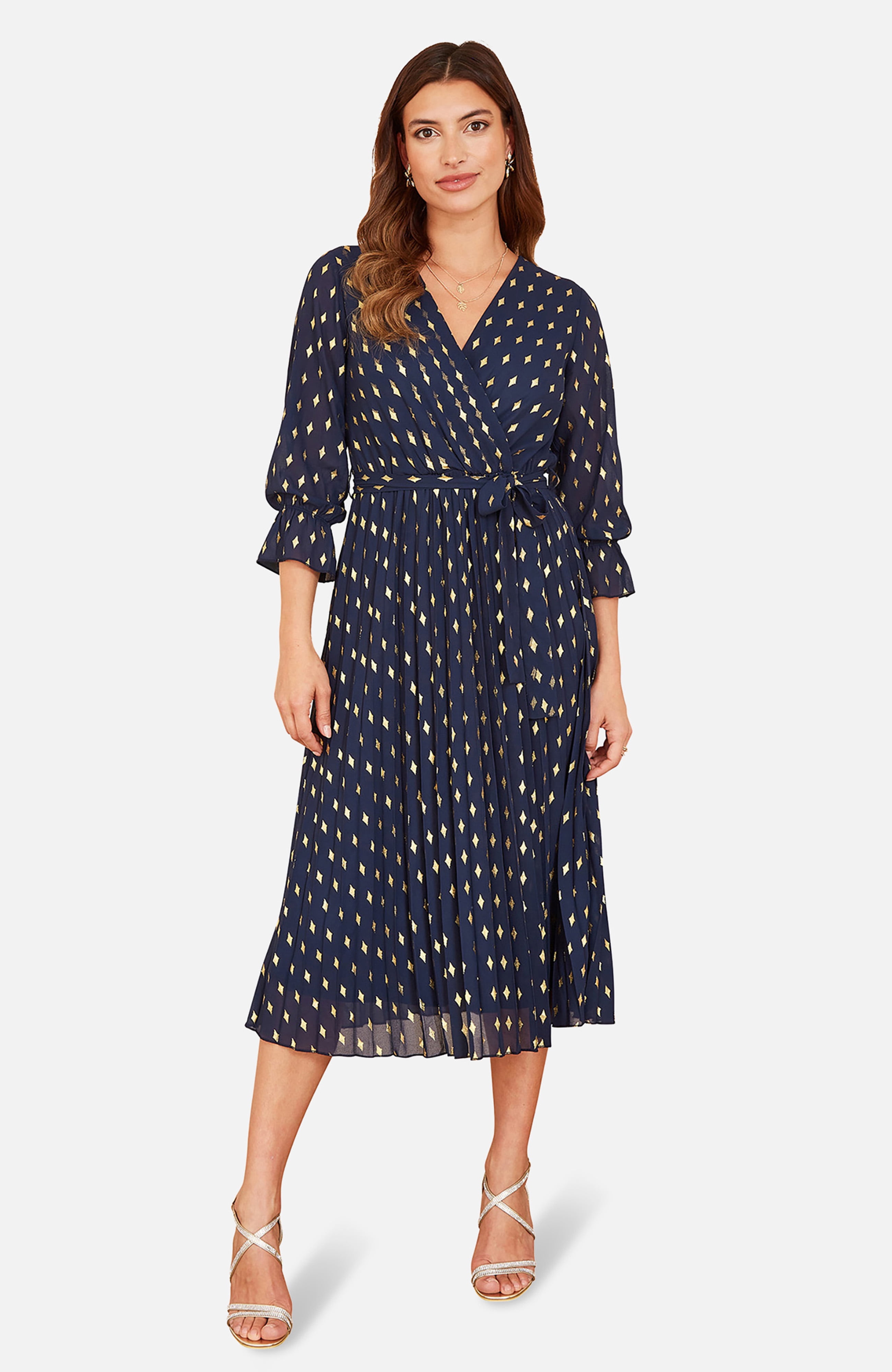 Yumi Foil Printed Pleated Wrap Midi Dress Navy, 4 — free download