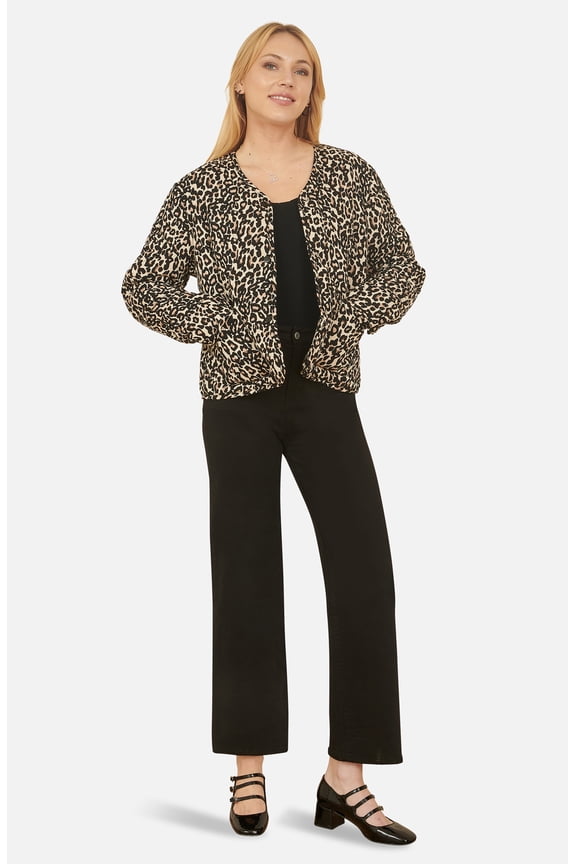 Leopard Print Round Neck Boxy Jacket - Black, 12