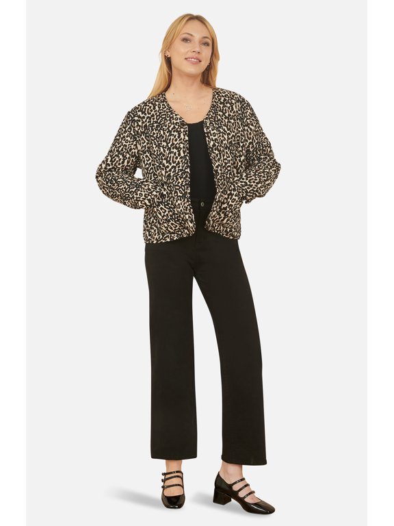 Leopard Print Round Neck Boxy Jacket - Black, 8