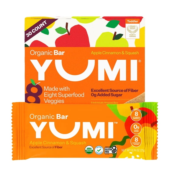 Yumi Organic Toddler Snacks Bars - Gluten-Free, No Added Sugar, 7+ Vegetables, Soft-Baked Crust Yumi Bars, Healthy Toddler Organic Snacks - School Safe and for Lunch Boxes, Apple Cinnamon & Squash (3