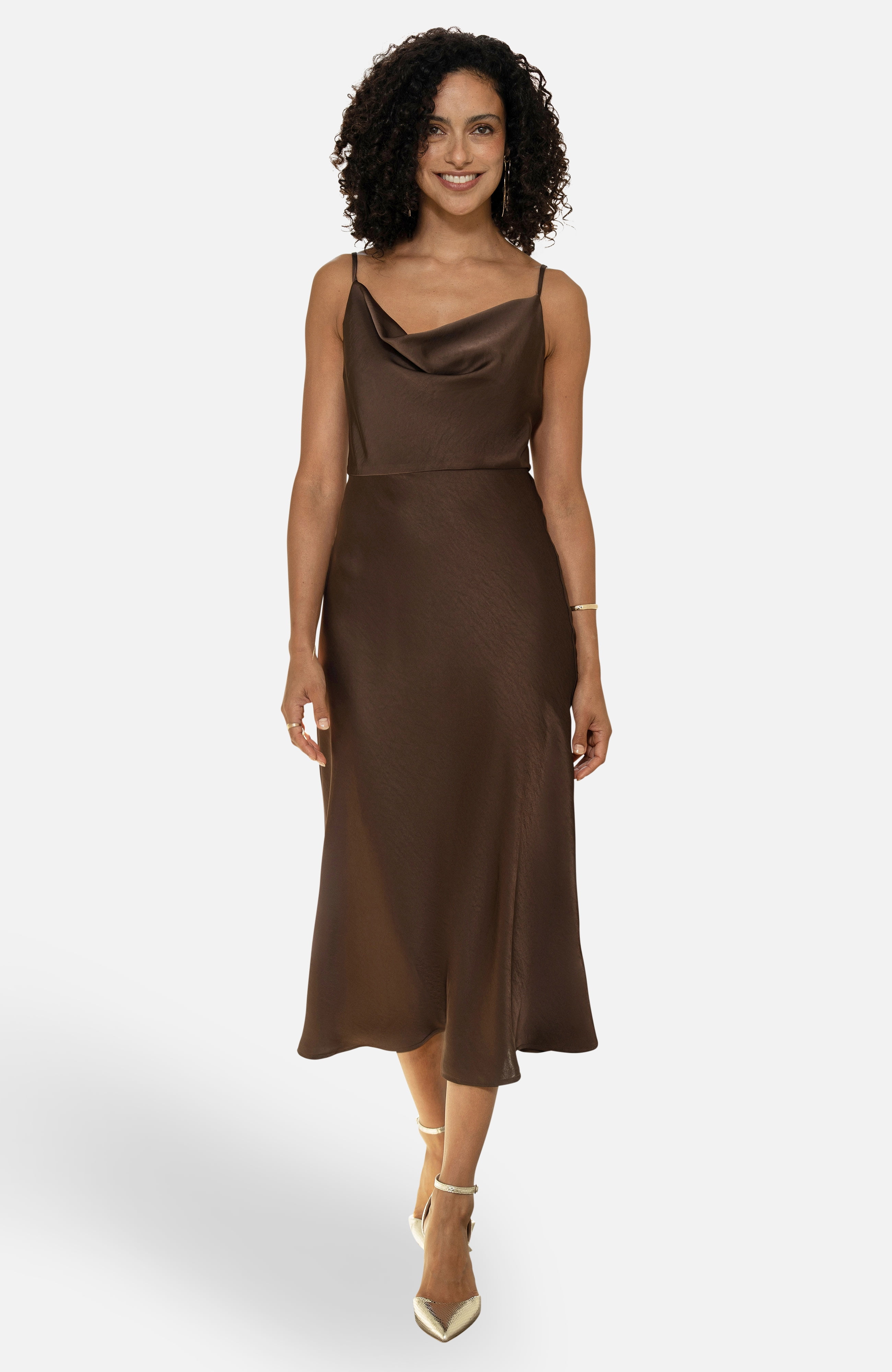 brown cowl neck slip dress Yumi Satin Midi adjustable thin straps