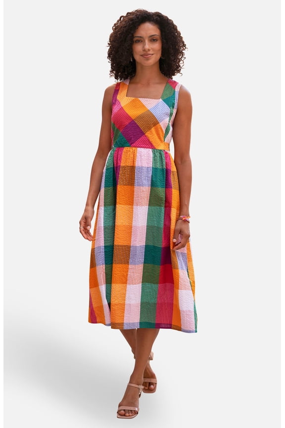 Seersucker Cotton Midi Sun Dress - Orange, 12