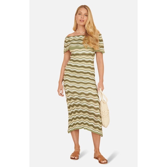Yumi Stripe Crochet Knit Bardot Midi Dress - Green, M