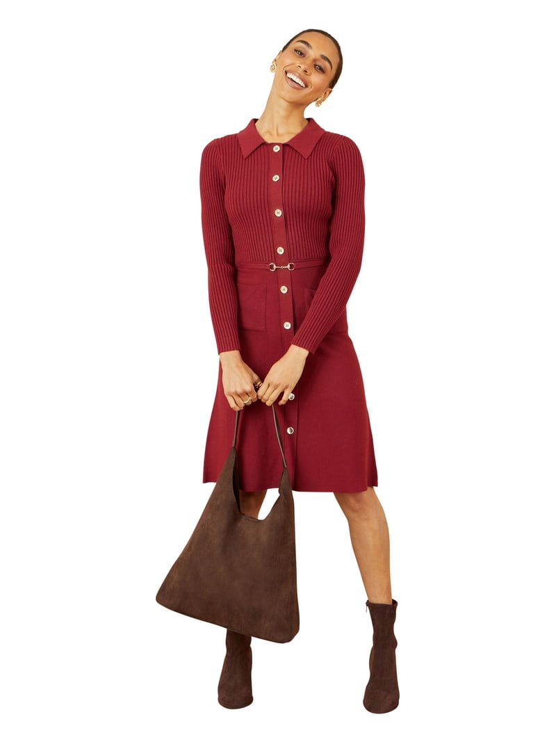 Yumi Burgundy Rib Knit Midi Shirt Dress With Snaffle Belt Burgundy / M