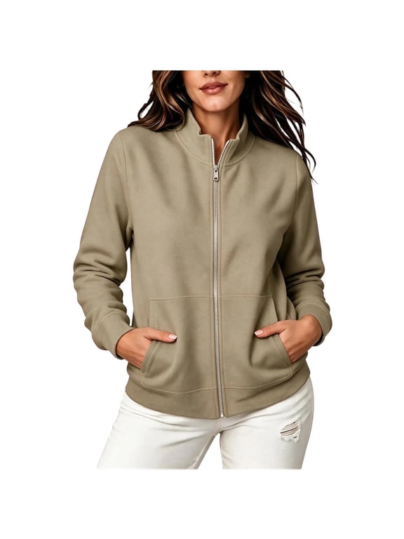 Women's Casual Lightweight Zip Up Track Jacket Stand Collar Pockets Regular Fit Polyester Blend