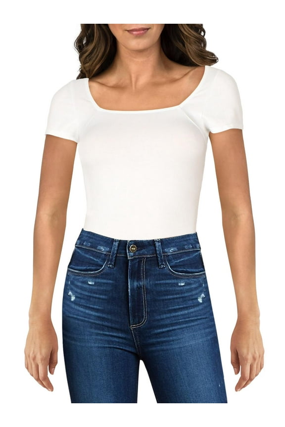 Yummie Womens Anette Square Neck Knit Bodysuit White S/M