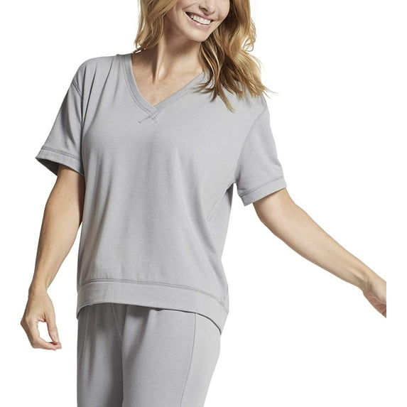 Yummie womens French Terry V-neck Drop Lounge Shoulder Tee Night Shirt, Weathered Grey, Medium