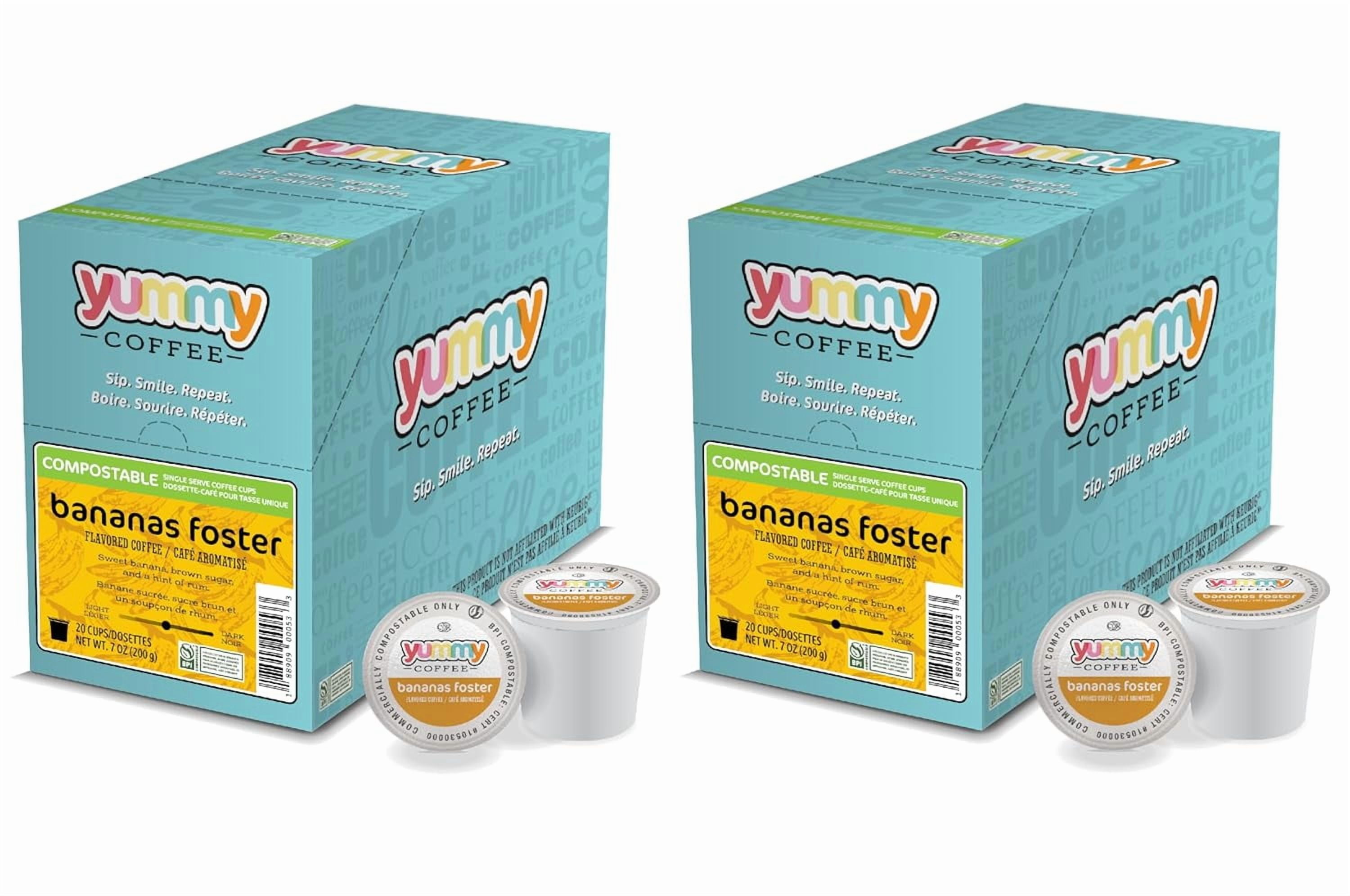 Yummy Coffee Bananas Foster Flavored Coffee, Compostable Single Serve Coffee Pods Compatible with Keurig K-Cup Brewers, 20 Count per Box, 2 Boxes