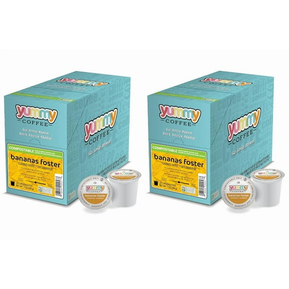 Yummy Coffee Bananas Foster Flavored Coffee, Compostable Single Serve Coffee Pods Compatible with Keurig K-Cup Brewers, 20 Count per Box, 2 Boxes