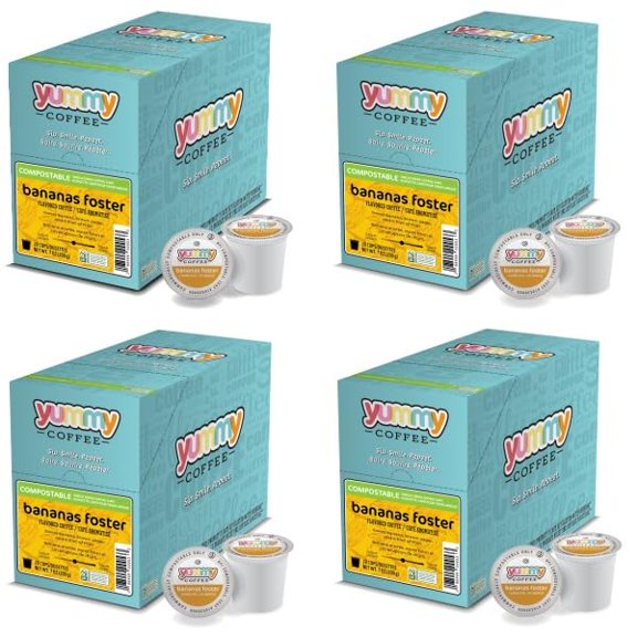 Yummy Coffee Bananas Foster Flavored Coffee, Compostable Single Serve Coffee Pods Compatible with Keurig K-Cup Brewers, 20 Count per Box, 4 Boxes