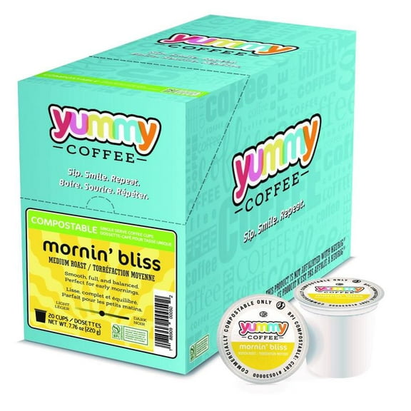 Yummy Coffee Mornin' Bliss Medium Roast Coffee, Compostable Single Cup Coffee Pods Compatible with Keurig K-Cup Brewers, 20 Count