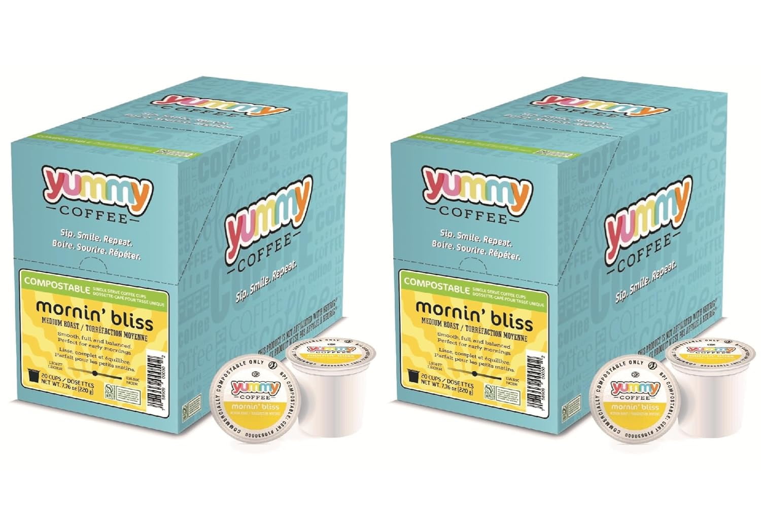 Yummy Coffee Mornin' Bliss Medium Roast Coffee, Single Cup Compostable Pods Compatible with Keurig K-Cup Brewers, 20 Count per Box, 2 Boxes