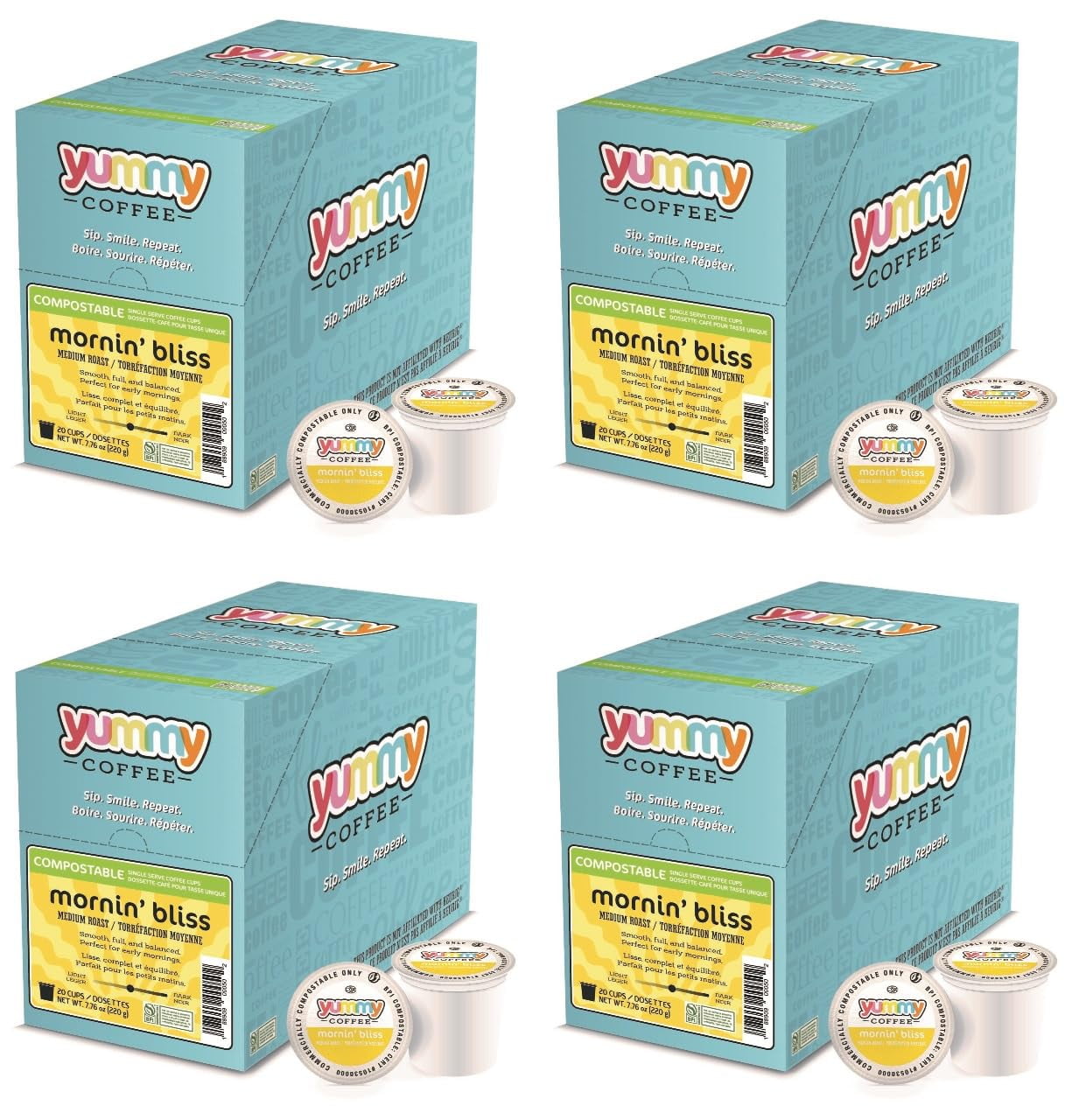 Yummy Coffee Mornin' Bliss Medium Roast Coffee, Single Cup Compostable Pods Compatible with Keurig K-Cup Brewers, 20 Count per Box, 4 Boxes