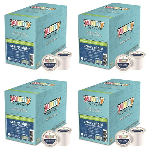 Yummy Coffee Starry Night Dark Roast Coffee, Compostable Single Serve Coffee Pods Compatible with Keurig K-Cup Brewers, 20 Count per Box, 4 Boxes