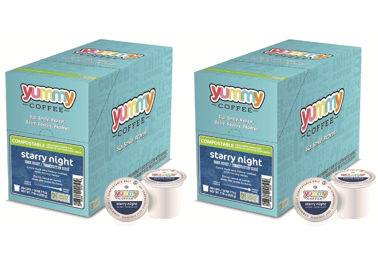 Yummy Coffee Starry Night Dark Roast Coffee, Single Cup Compostable Pods Compatible with Keurig K-Cup Brewers, 20 Count per Box, 2 Boxes