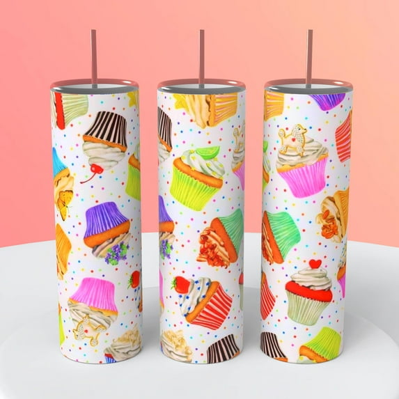 Yummy Decorated Iced Cupcakes on a 20 ounce insulated tumbler coffee cup hot cold beverages